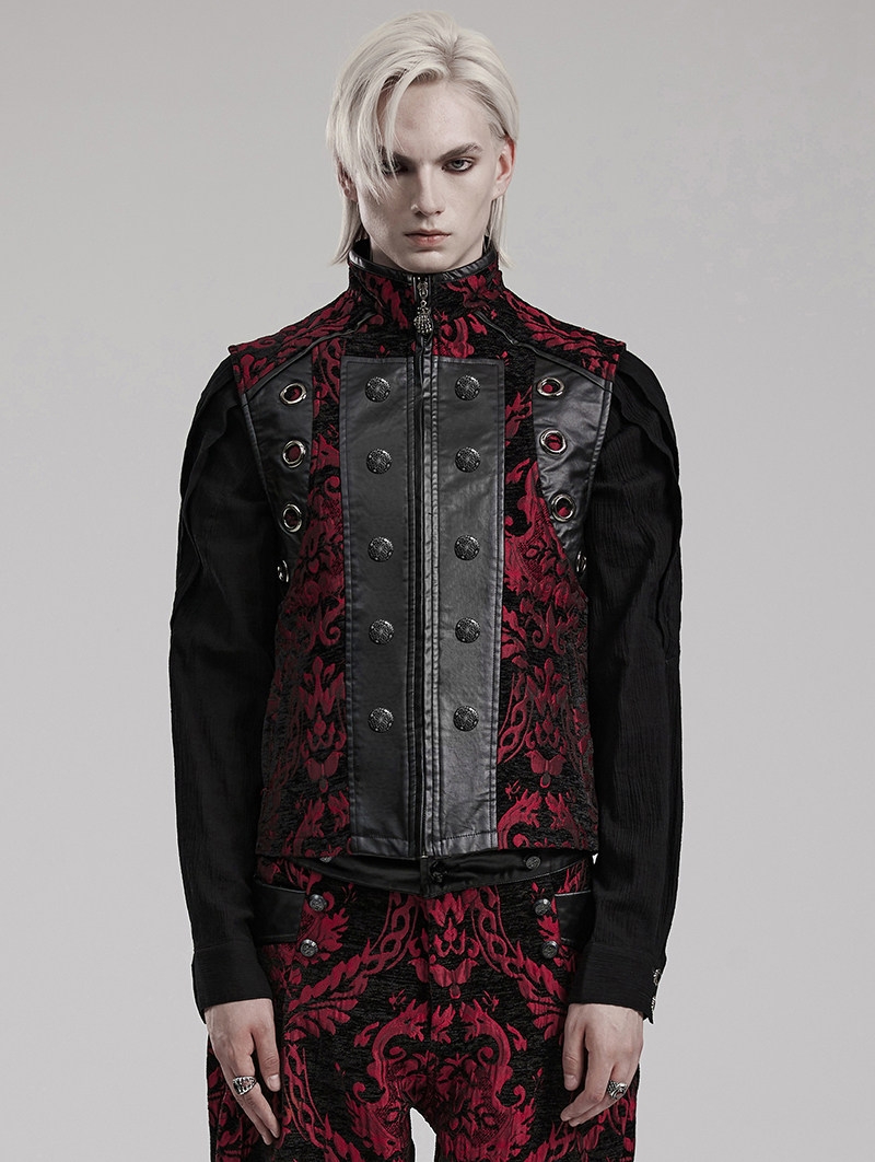 Black and Red Retro Gothic Victorian Jacquard Stand Collar Party Vest for Men