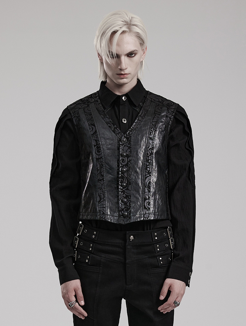 Black Vintage Gothic Printed PU Leather Waistcoat for Men