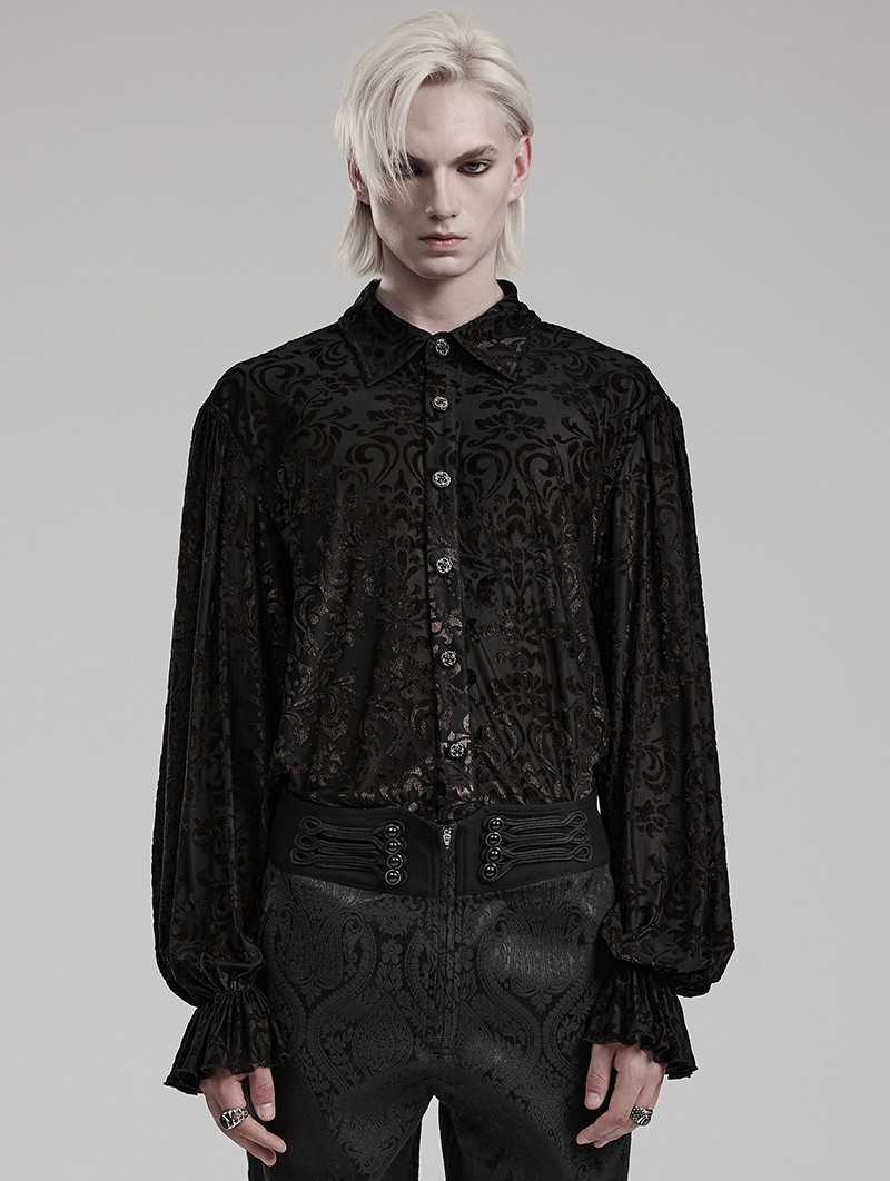 Black Vintage Gothic Dark Gold Printed Button-Up Shirt for Men