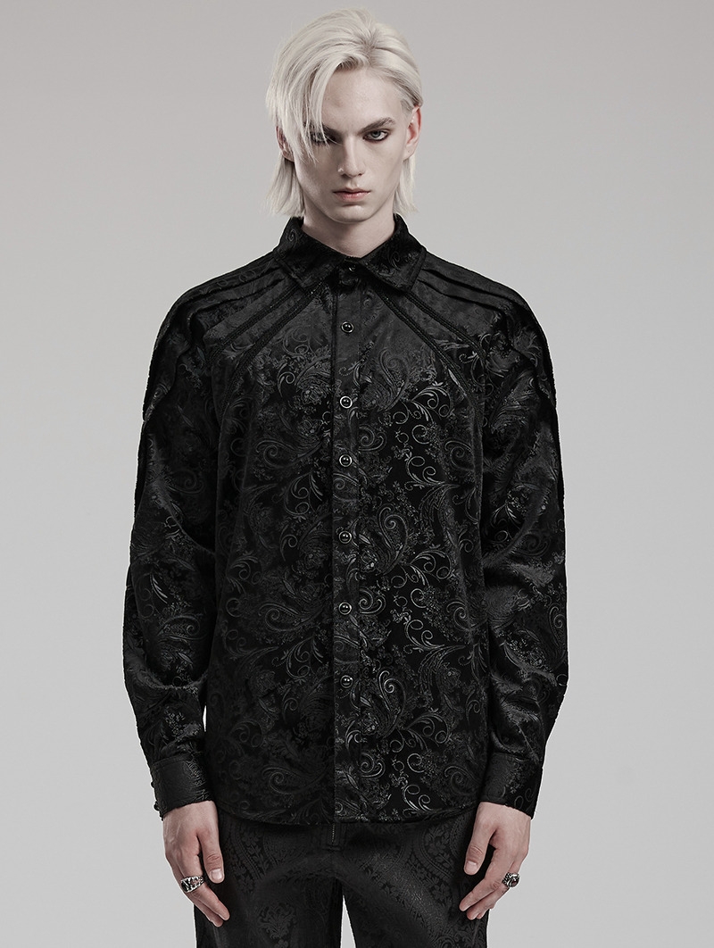 Black Gothic Vintage Embossed Pattern Fit Party Shirt for Men