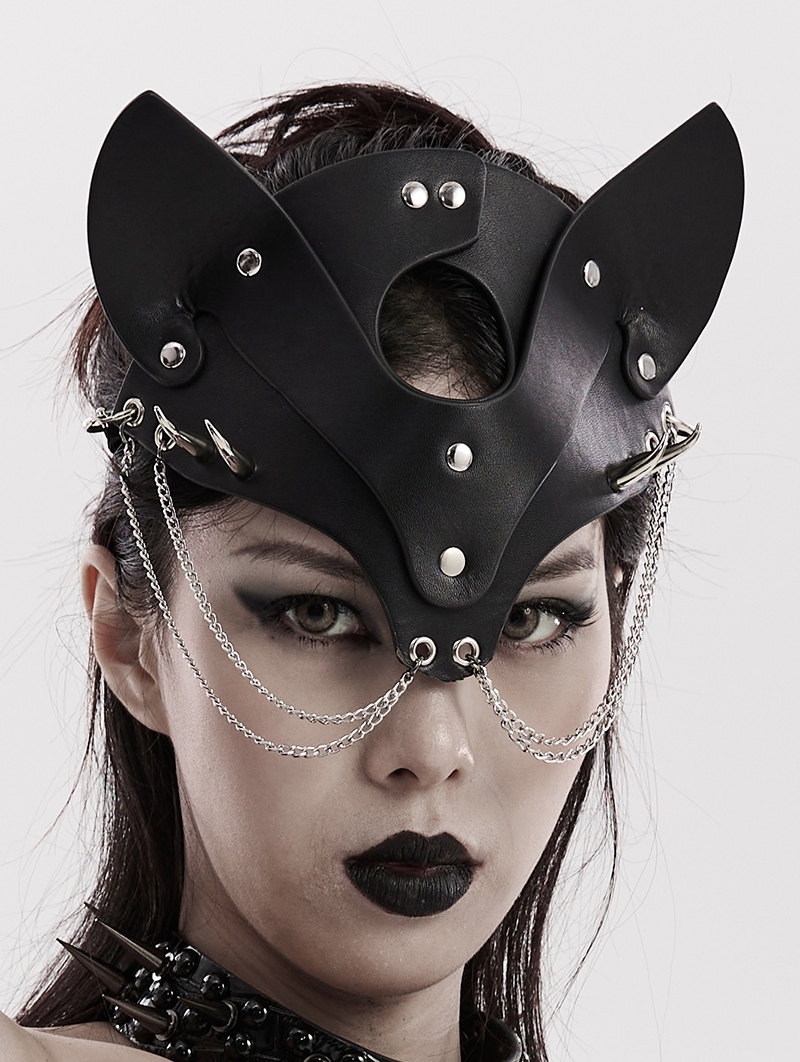 Black Gothic Punk Stud Fox Shaped Faux Leather Mask