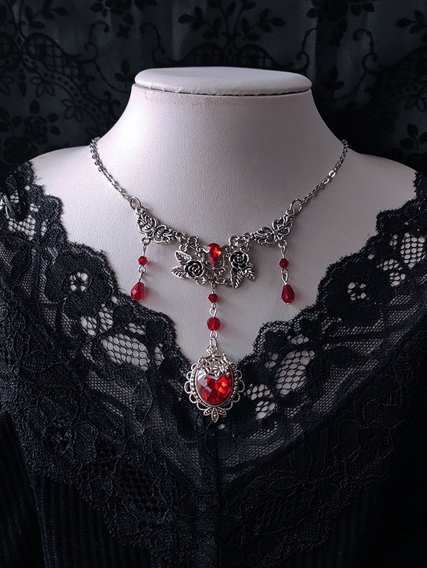 Silver Retro Rose Gothic Spider Web Red Crystal Pendant Necklace