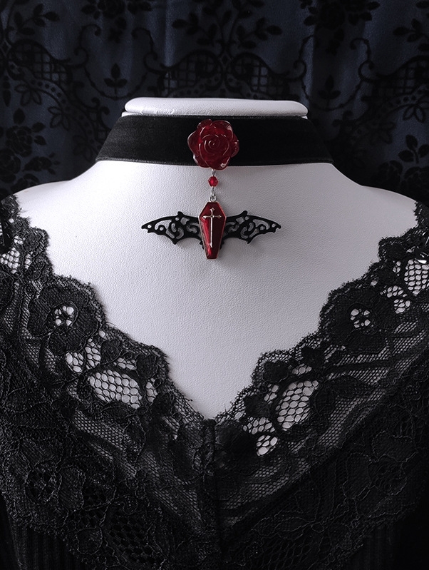 Black Gothic Dark Blood Rose Vampire Bat Coffin Cross Choker