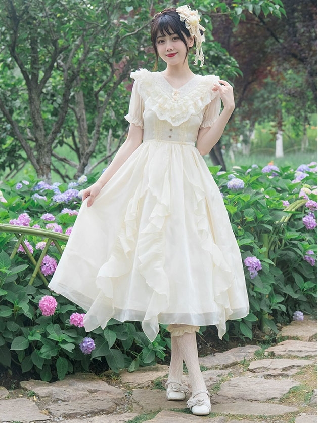 Floating Song Beige Ruffle V-neck Puff Sleeve Classic Lolita OP Dress