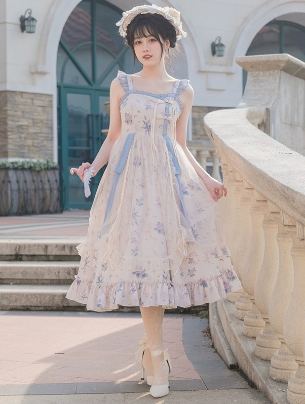 Chinese Style Elegant Floral Print Mesh Overlay Classic Lolita JSK Dress