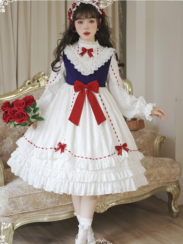 Snow White Ruffle Long Sleeve Pleating Daily Sweet Lolita OP Dress