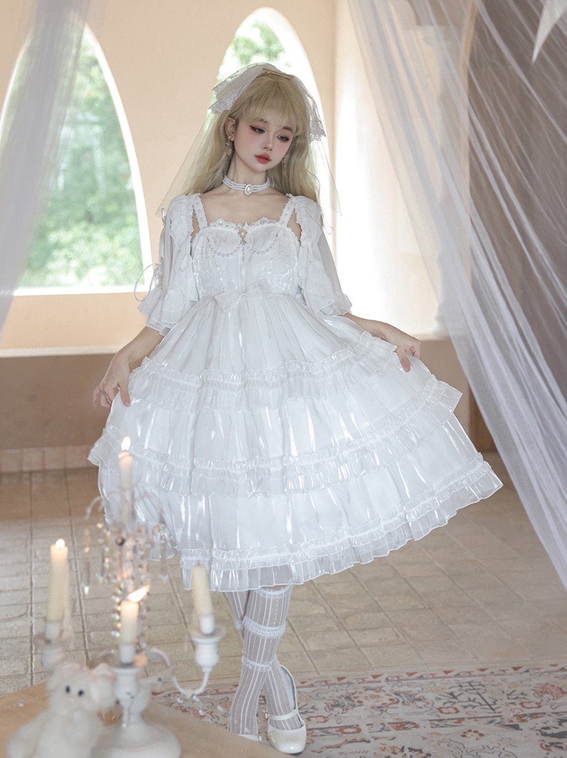 Starry Love White Tiered Ruffle High Waist Sweet Lolita JSK Dress