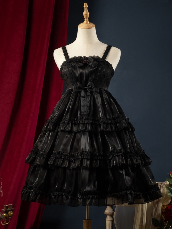 Starry Love Wine Black Tiered Ruffle High Waist Sweet Lolita JSK Dress