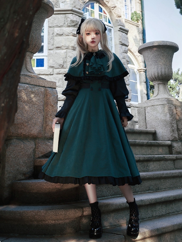 Dark Academia Slytherin Green and Black  Gigot Sleeves Classic Lolita OP Dress