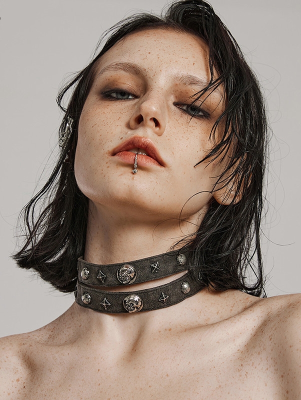 Gray Gothic Punk Loops Metal Rivet Choker