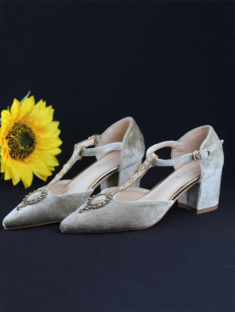 Gray Retro Crystal Velvet T-Strap Chunky Heel Victorian Shoes