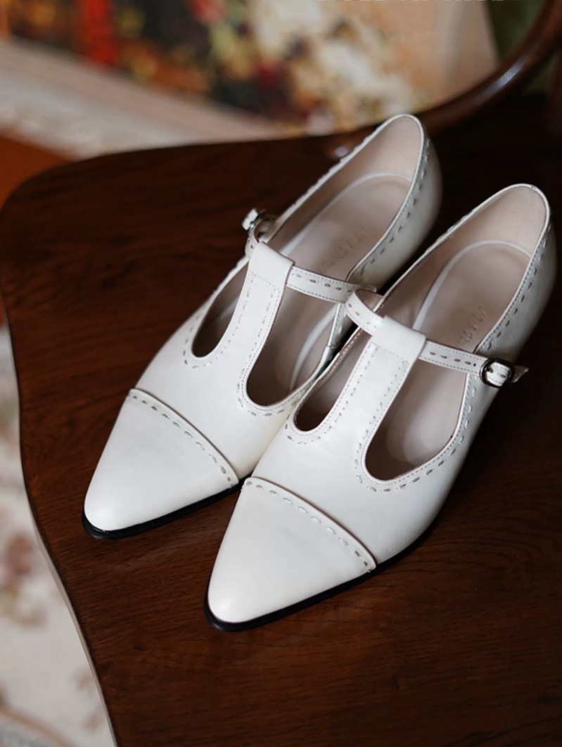 White Retro Pointed Toe T-Strap Chunky Heel Victorian Shoes