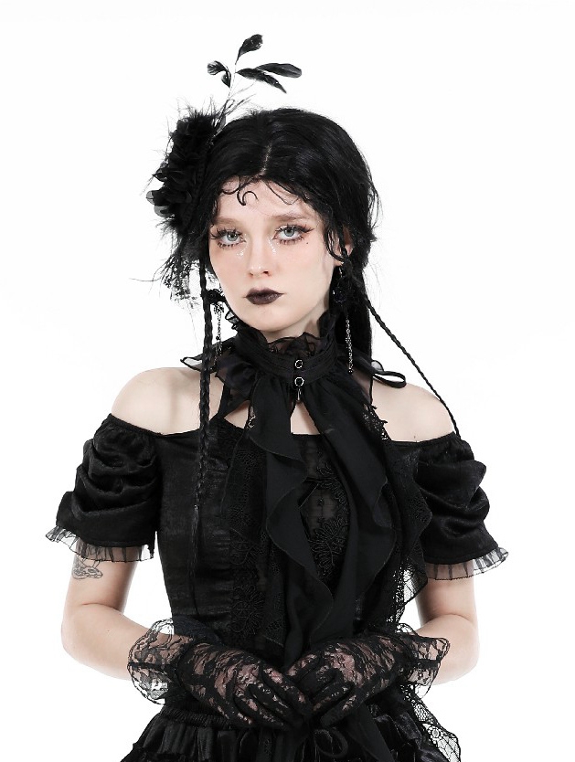 Black Gothic Long Ruffle Lace Mesh Neck Tie