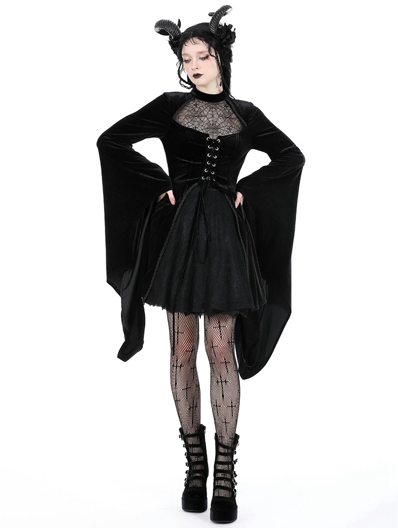 Black Gothic Spider Web Long Trumpet Sleeve Short Velvet Dress