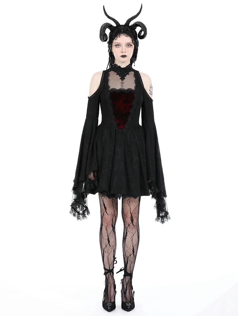 Black Gothic Ghost Cold Shoulder Flared Sleeves Short Dress