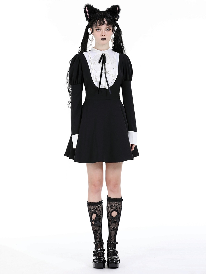 Black and White Gothic Cute Long Bubble Sleeve Short Dress