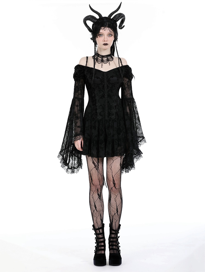 Black Gothic Embroidered Off-the-Shoulder Long Trumpet Sleeves Short Dress