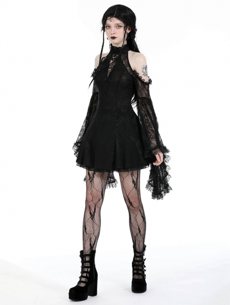 Black Gothic Lost Girl Cold Shoulder Short Lace Dress - Devilnight.co.uk