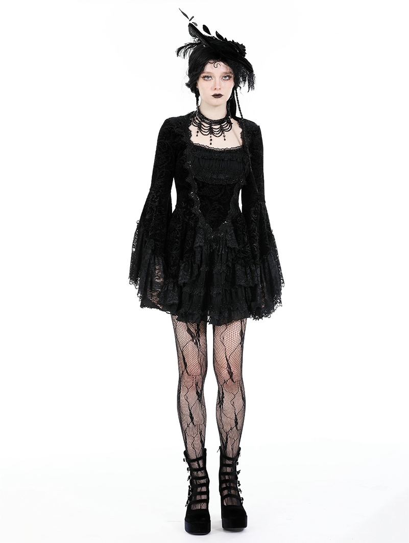 Black Vintage Gothic Lace-Trim Pattern Velvet Short Dress