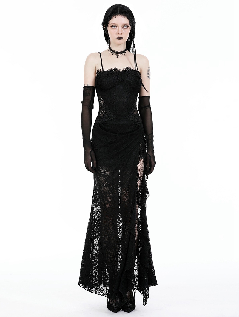 Black Gothic Lace See-Through Sexy Lace Maxi Strap Dress