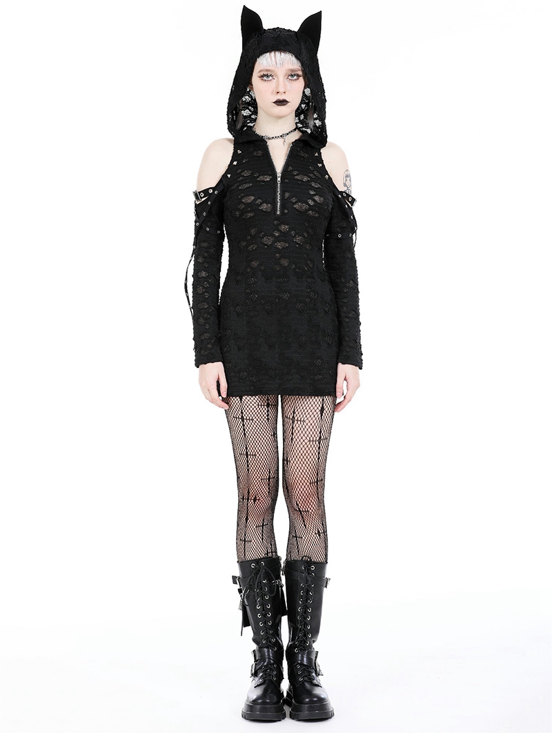 Black Gothic Punk Devil Cat Ear Hooded Slim Mini Dress