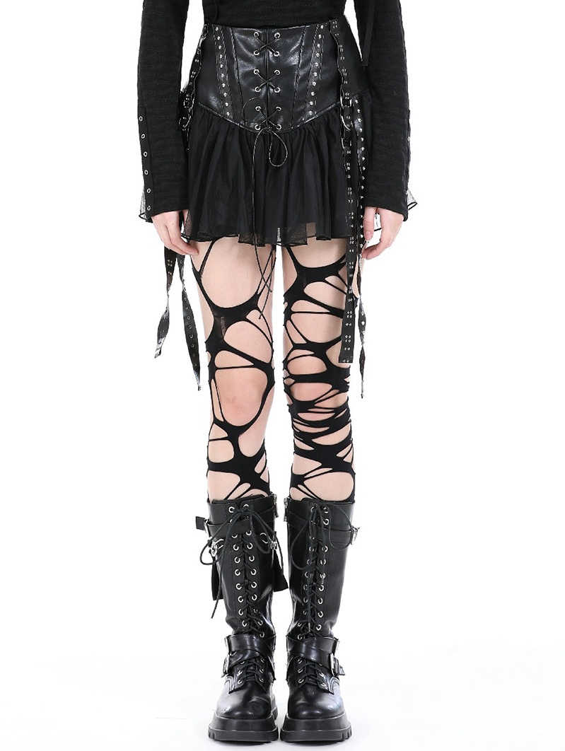 Black Gothic Punk Rebel PU Mesh Splicing Mini Skirt