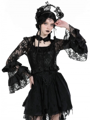 Black Gothic Sexy Perspective Lace Petal Sleeve Top for Women
