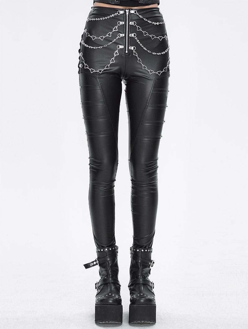 Black Gothic Punk Metal Layered Chain Skinny Pants for Women