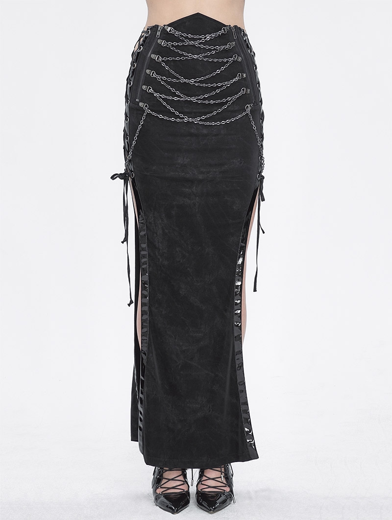 Black Gothic Punk Buckle Chain Sexy Long Split Skirt