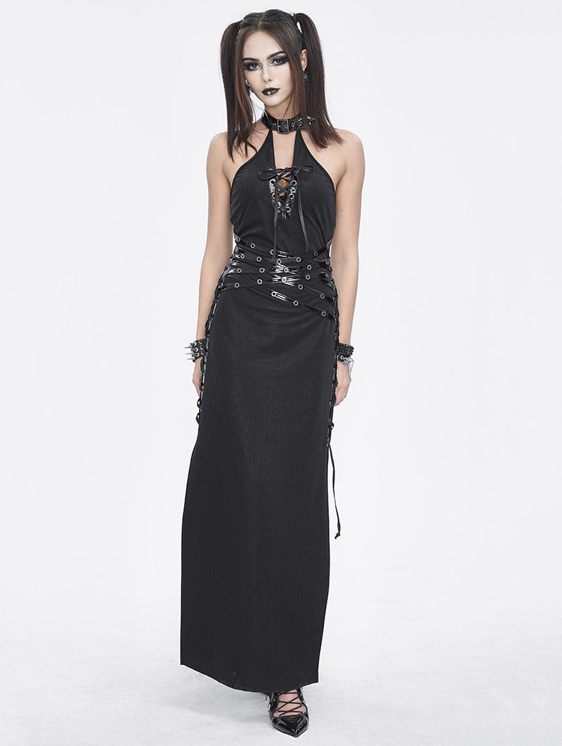 Black Gothic Punk Sexy Sleeveless Halter Neck Maxi Dress