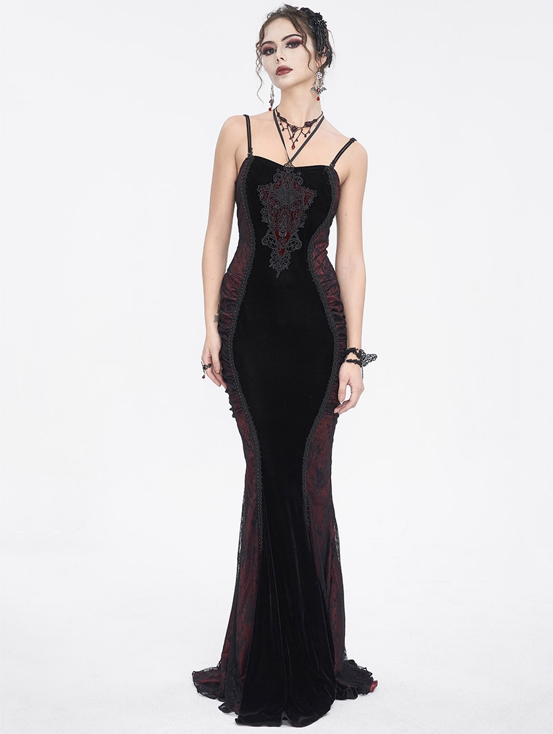 Black and Red Retro Gothic Velvet Lace Applique Sexy Maxi Slip Dress