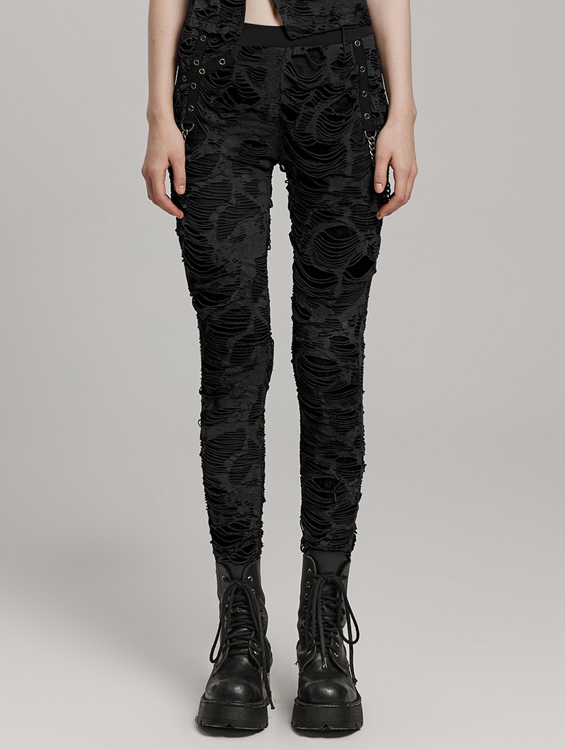 Black Gothic Decayed Punk Slim Fit Long Trousers for Women