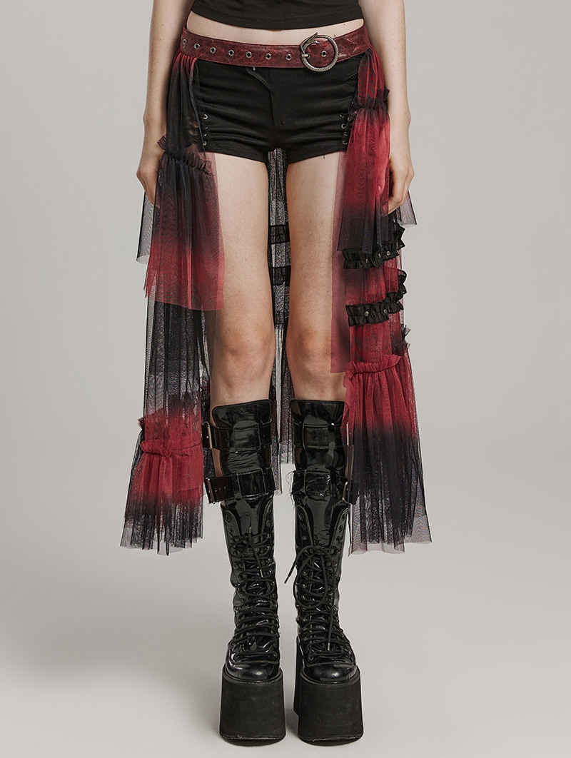 Black and Red Gothic Sweet Cool Asymmetrical Layered Gradient Mesh Skirt