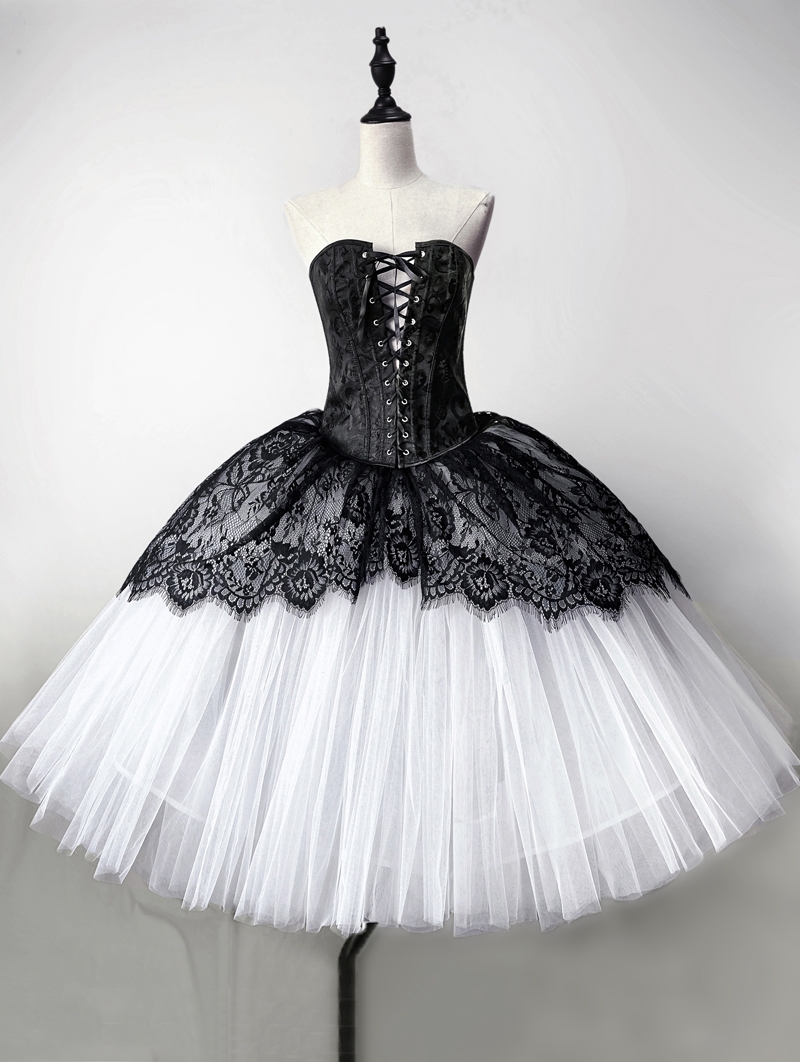 Black and White Gothic  Lace TuTu Style Corset Mid-Length Prom Party Dress