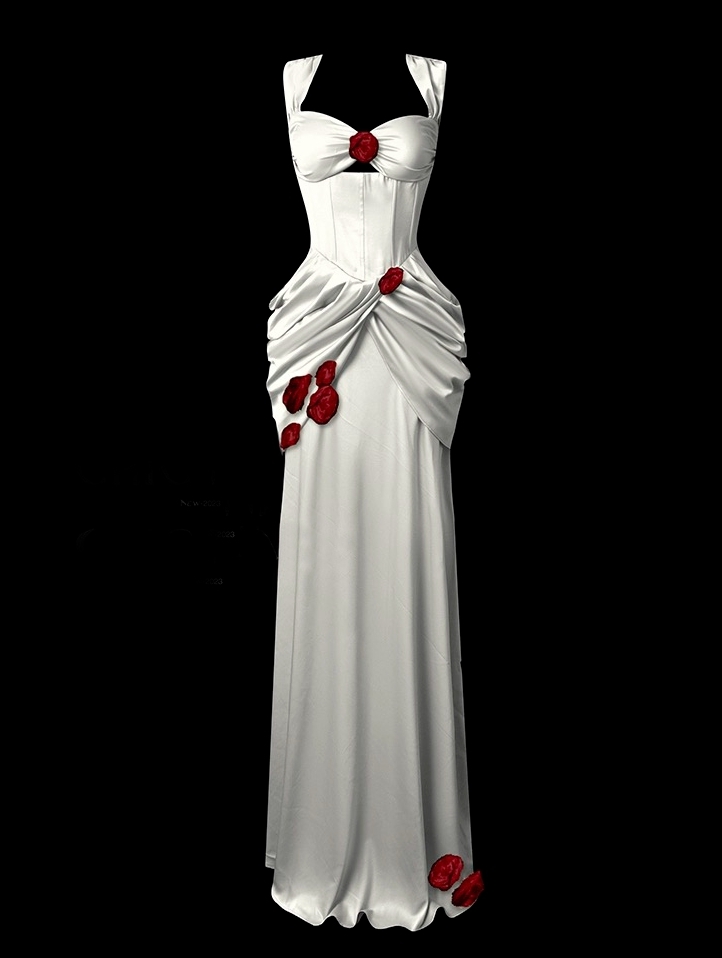 White Taffeta Red Rose Elegant Gothic Wedding Dress