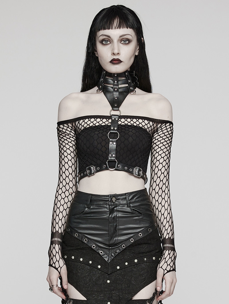 Black Gothic Punk PU Leather One Piece Choker Harness