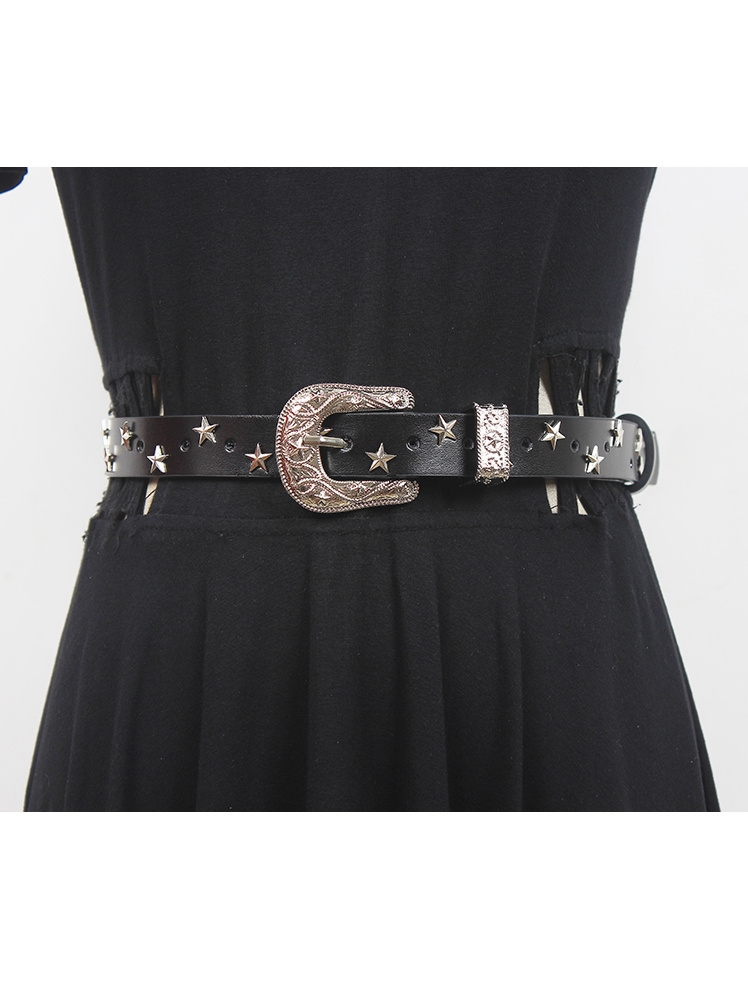 Black Gothic Punk Street Star Studded Thin Leather Belt