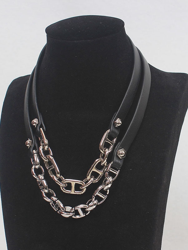 Black Leather Silver Metal Spliced Chunky Chain Choker