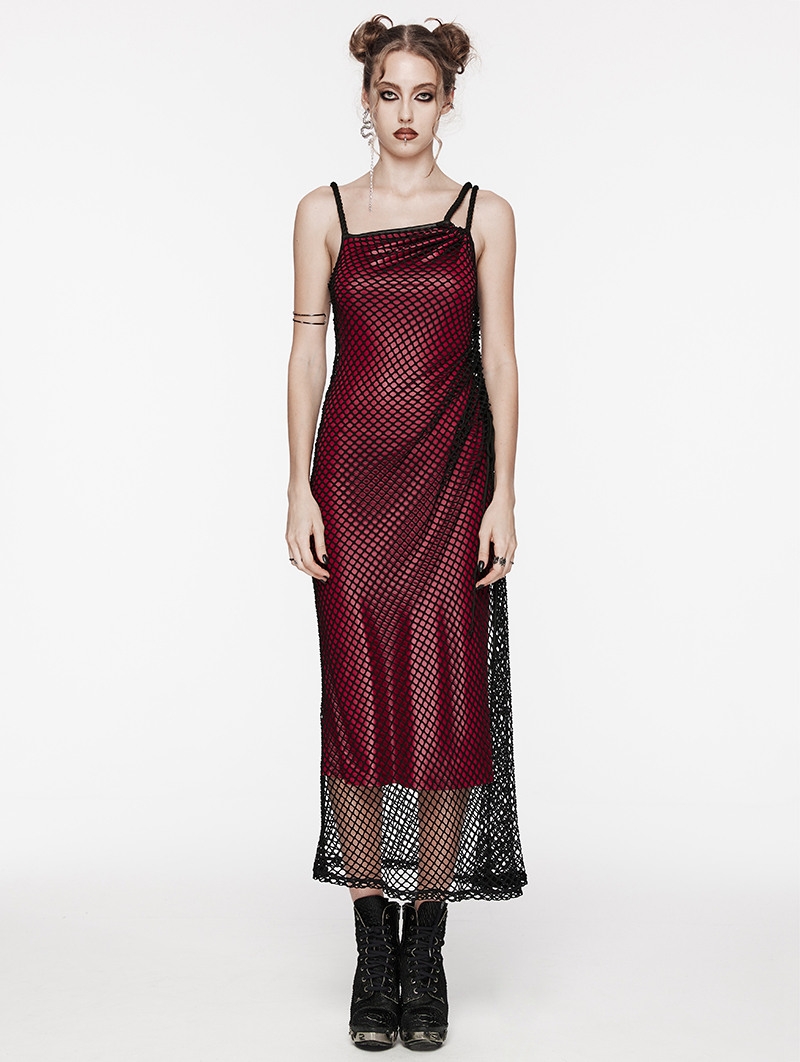 Black and Red Gothic Daily Asymmetric Strap Mesh Overlay Long Slip Dress