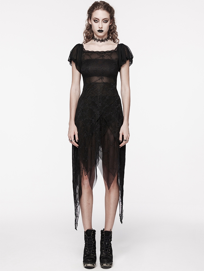 Black Gothic Sweet Puff Sleeves Lace Irregular Hem Dress