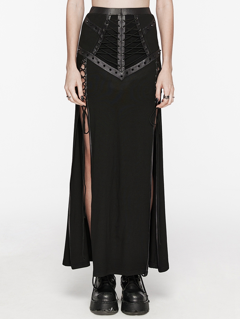 Black Gothic Punk Mesh Splicing Drawstring Slit Maxi Skirt