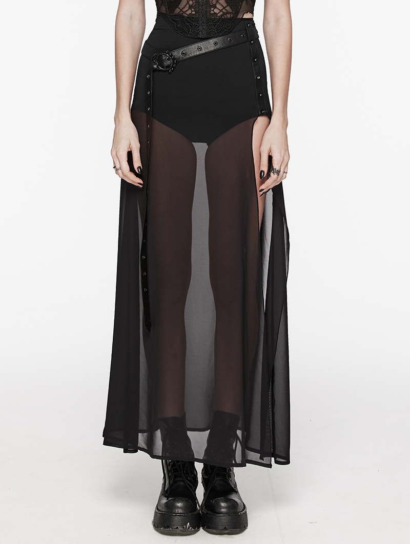 Black Gothic Daily Chiffon Sheer High Slit Maxi Skirt