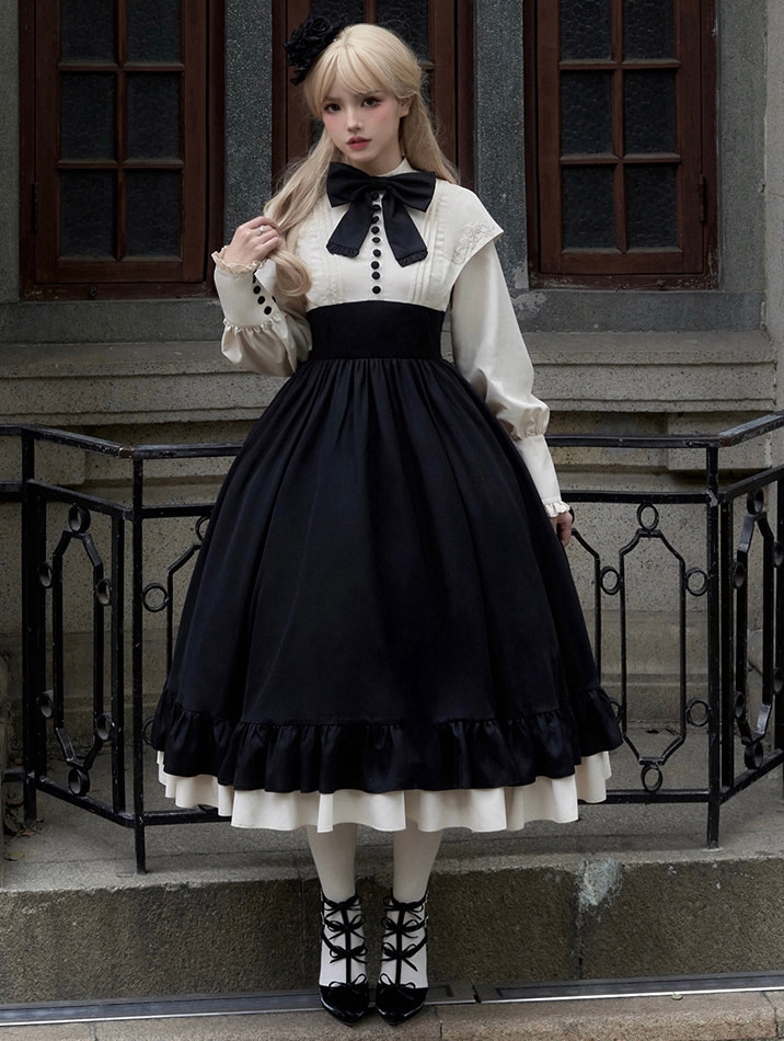 Black Rose Embroidery Classic Fake Two-Piece Lolita OP Dress