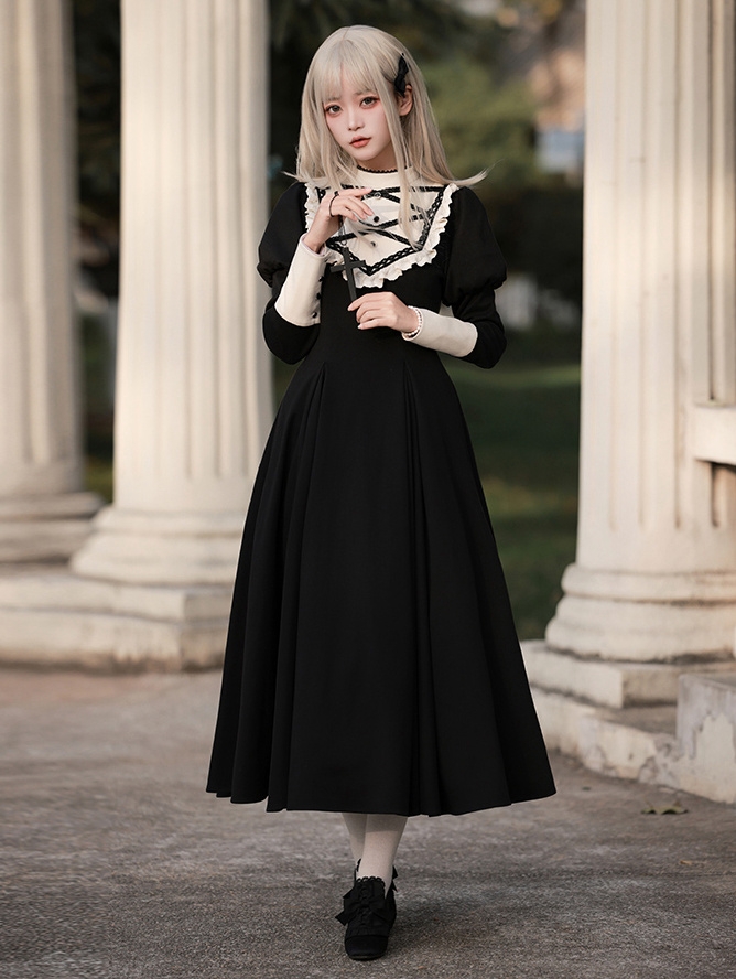 Black Stand Collar Juliette Sleeves Classic Lolita OP Dress