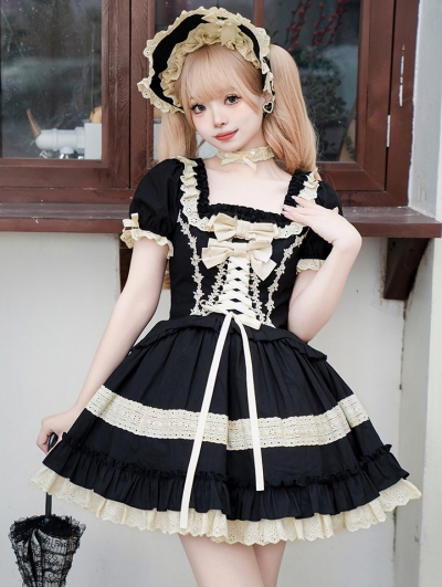 Black and Beige Ruffle Square Neck Vintage Doll Gothic Lolita OP Dress