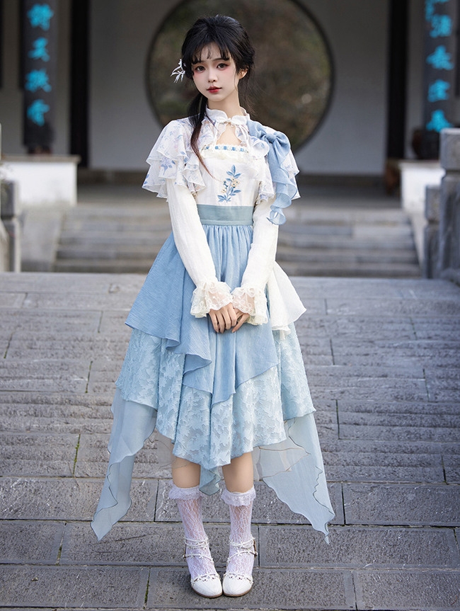 Blue Floral Embroidery Fake Two-Piece Irregular Classic Lolita OP Dress