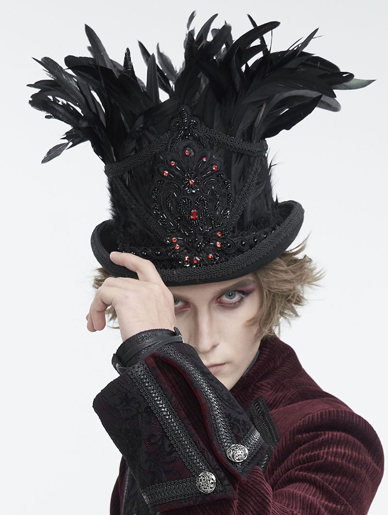 Black Retro Gothic Feather Embellished Top Hat for Men