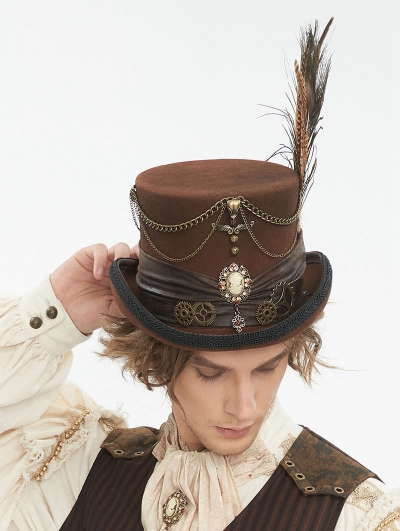Brown Steampunk Rolled Brim Top Hat for Men