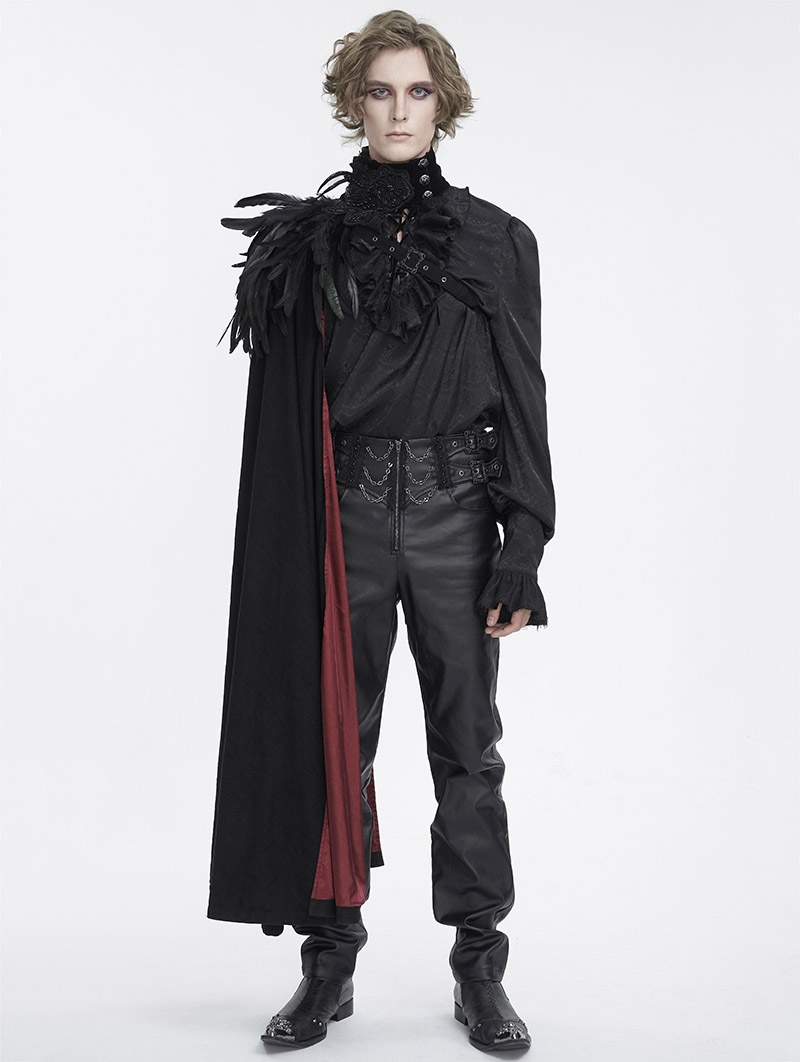 Black Gothic Medieval One Shoulder Feather Long Cape for Men