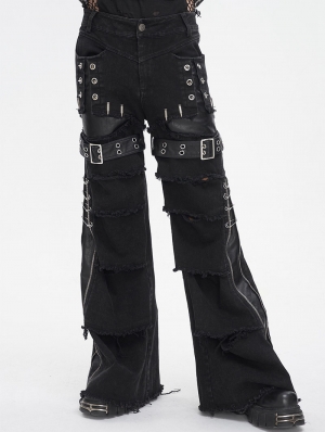 Black Gothic Punk Distressed Zipper Slit Wide Leg Pants for Men